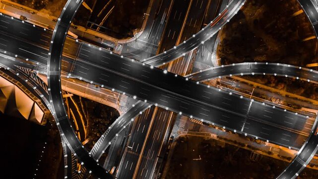 Hangzhou Highway Interchange Aerial Timelapse - Night Traffic Light Trails