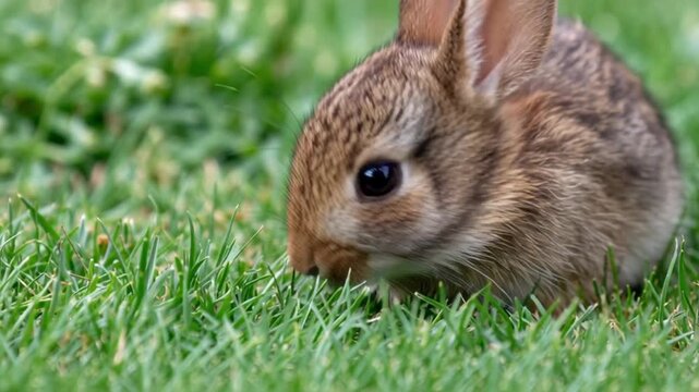 Babykaninchen knabbert an Gras