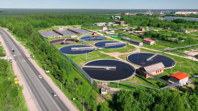 Wastewater treatment plants. Against the background of the enterprise. Quadcopter