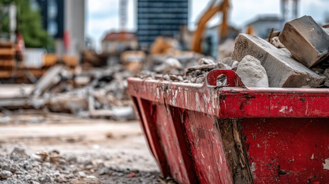 Large red metal skip bin filled with concrete debris and rocks at a construction site