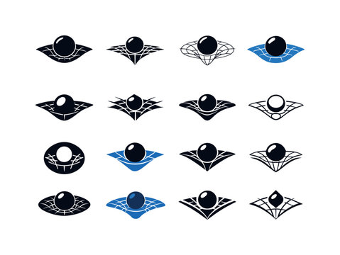Gravitational Force Icons. Gravitational force. Icon set. Set Logo of Gravitational force: curved space-time grid around mass. harmonious logo variations of