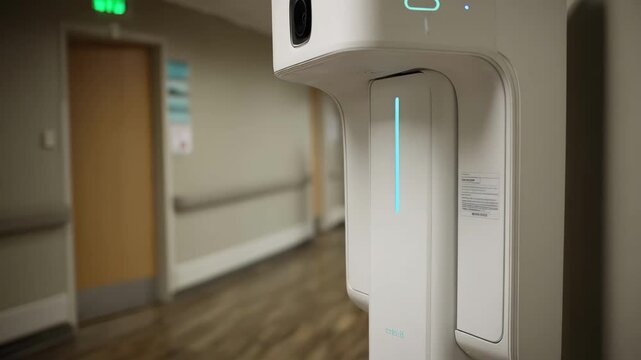 Medium shot of a compact telehealth booth with a sleek camera setup softly blurred background highlighting patient privacy and focused virtual consultation environment.
