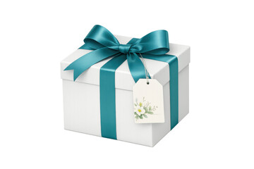 Fototapeta premium White gift box wrapped with a turquoise satin ribbon and bow, featuring a floral tag, concept of gifting and celebration