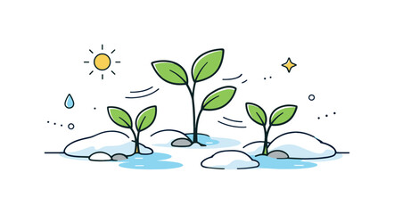 Spring's Gentle Emergence. Spring growth emerging. Small plants pushing through melting snow in a minimal landscape. Soft motion lines emphasize patience and