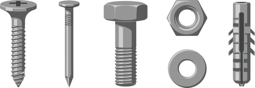 Set of 6 fasteners flat illustration screw nail bolt nut washer and wall anchor