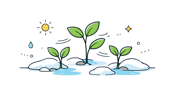 Spring's Gentle Emergence. Spring growth emerging. Small plants pushing through melting snow in a minimal landscape. Soft motion lines emphasize patience and