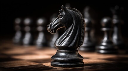 Detailed black wooden chess knight piece on a game board with dark moody lighting background