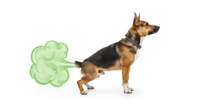 dog farting a green cloud, gross flatulence photo, on a white background, funny animal gas