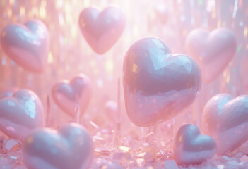 Obraz premium Abstract Valentine background with many faceted pink hearts floating in a bright sparkling bokeh environment.