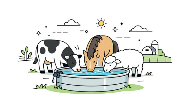 Pastoral Watering Scene. Farm watering trough. Livestock drink from a clean trough in an open field, showing routine care and simple agricultural life. The