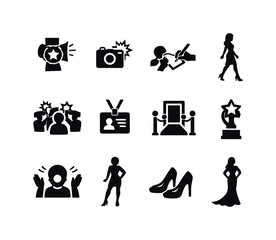 Obraz premium Celebrity Icons Set. Celebrity Moment. Solid icon set of Celebrity Moment: star spotlight, photo click icon, fan autograph, graceful walk, fashion flash, press