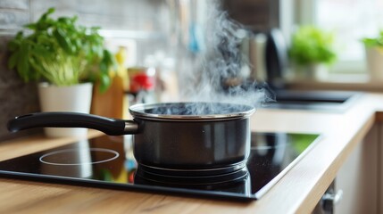 Black small pot with steam on a modern induction stove in a bright kitchen interior