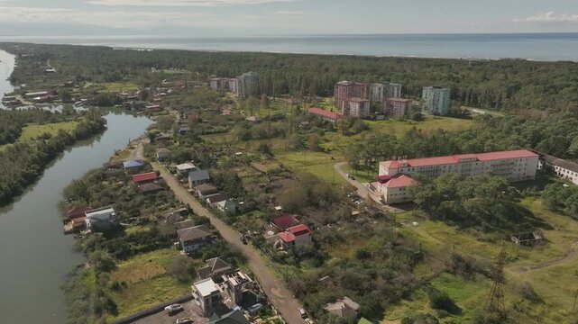 Aerial view of grigoleti town and river in guria georgia