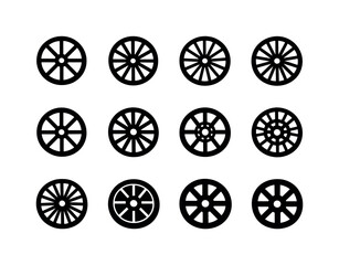 Wagon Wheel Icons Grid. Wagon wheel design. Solid icon set of Wagon wheel design: circular geometry, symmetry spokes, radial pattern, balanced wheel, design