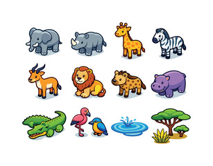 Fototapeta premium Savanna Animal Icons. Wildlife gathering. Colorful isometric vector icons set of wildlife gathering: elephant, rhino, giraffe, zebra, antelope, lion, hyena,