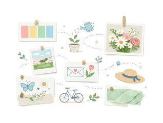 Fototapeta premium Spring Pastel Moodboard. Seasonal moodboards. A clean spring moodboard with soft pastel color swatches, flowers, fabric textures, and simple icons pinned