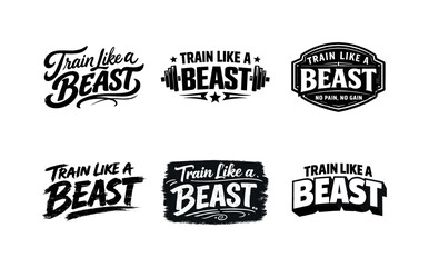Obraz premium Dynamic Lettering Grid. Train Like a Beast. Set lettering. harmonious lettering variations of the same emblematic concept, each with different artistic