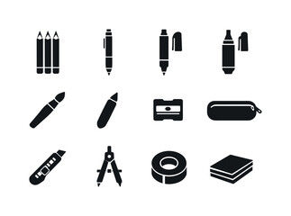 Art Tools Icons. Art Tools Drawing. Solid icon set of Art Tools Drawing: graphite pencil set, mechanical pencil, fineliner pen, marker pen, brush pen, blending