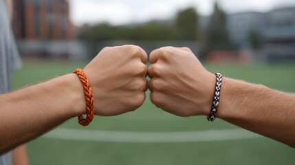 Two fists bump with braided bracelets on a sports field symbolizing friendship and