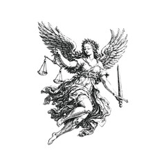 Vintage Engraving Style Lady Justice Illustration with Blindfold Sword and Scales of Balance © purify