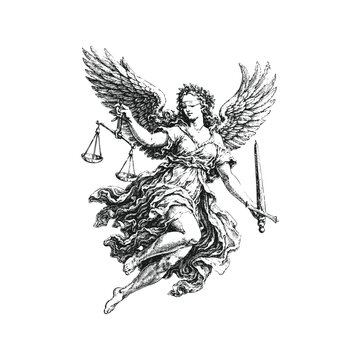 Vintage Engraving Style Lady Justice Illustration with Blindfold Sword and Scales of Balance