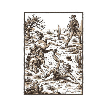 Vintage Wild West Cowboy Illustration with Bucking Horse and Desert Landscape