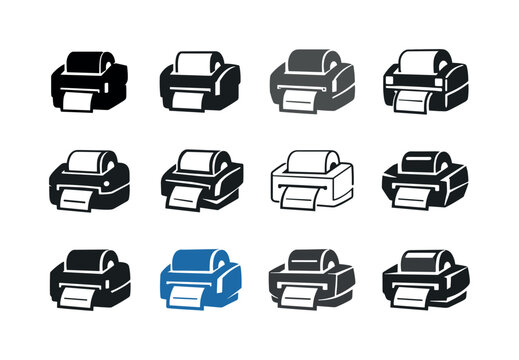 Shipping Printer Logos. Shipping label printer. Icon set. Set Logo of Shipping label printer: printer with label roll. harmonious logo variations of the same