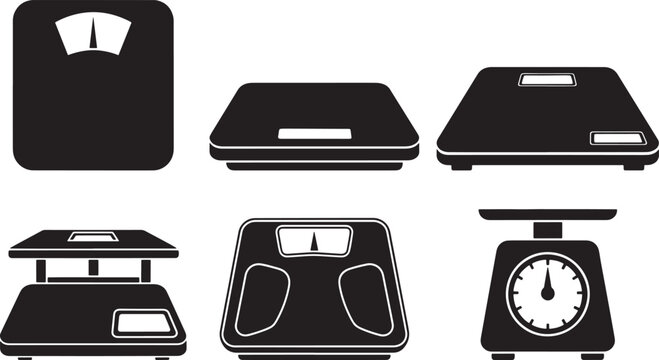 Weight Scale Icons Set, Analog and Digital Weighing Machine Black Flat Vector Illustration