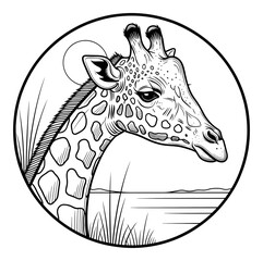 Hand drawn black and white giraffe head among savanna grass. Isolated transparent background ( include cut-out PNG file )