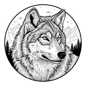 Hand drawn black and white wolf head among mountains. Isolated transparent background ( include cut-out PNG file )