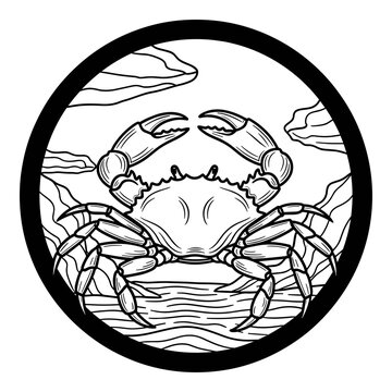 Circular woodcut illustration of a crab on a beach. Isolated transparent background ( include cut-out PNG file )