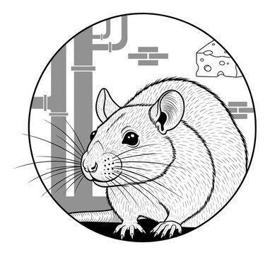 Circular woodcut illustration of a rat with cheese and pipes. Isolated transparent background ( include cut-out PNG file )