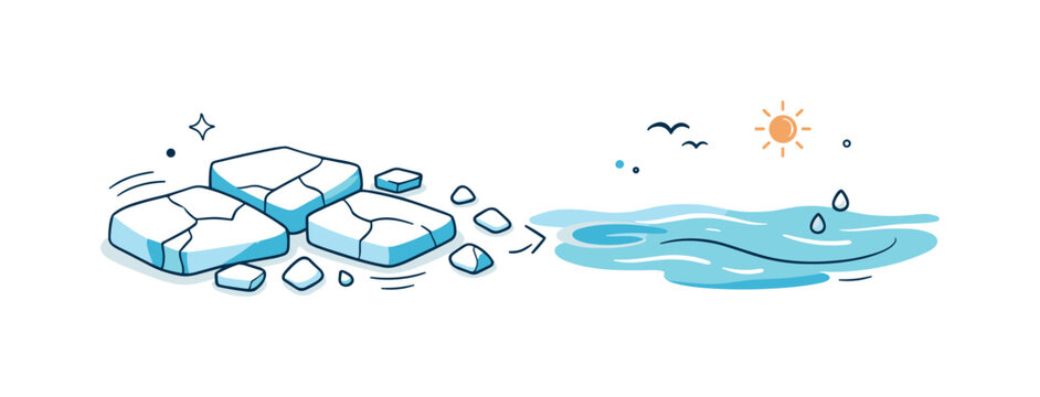 Ice to Water Transition. Ice breaking into water illustration. Simplified transformation scene with cracked ice blocks and gentle water flow, quiet sense of
