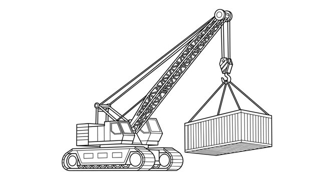 Line art illustration of a crawler crane lifting a shipping container