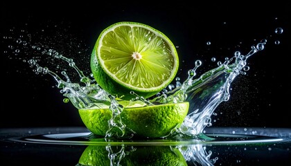 Lime halves splashing in water on a black background.