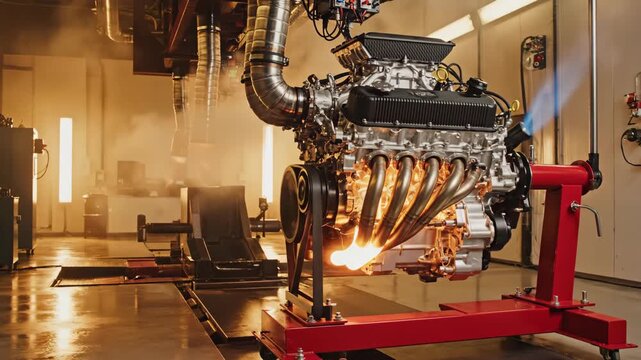 Engine tuning of car motor on test bench with exhaust flames and smoke for performance evaluation
