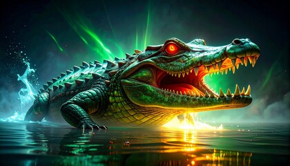 Menacing Crocodile with Glowing Eyes in Dark Water.