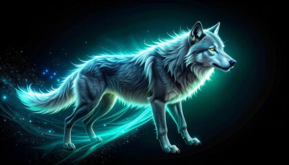 Mystical Wolf with Glowing Aura in Dark Background.