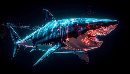 Neon Great White Shark with Open Jaws in Dark Water.