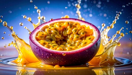 Passion Fruit Splashing in Water - A Vibrant Tropical Delight.
