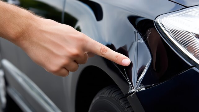 Close up of a hand pointing to a dent and scratched paint on a black car after accident