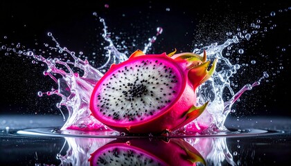 Vibrant Dragon Fruit Slice Splashing in Water on Dark Background.