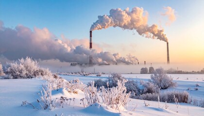 Winter industrial landscape with smoking chimneys and snow-covered ground.