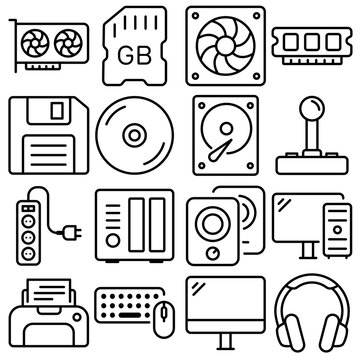 PC Hardware Essentials Icon Set Outline Style (Part 1)