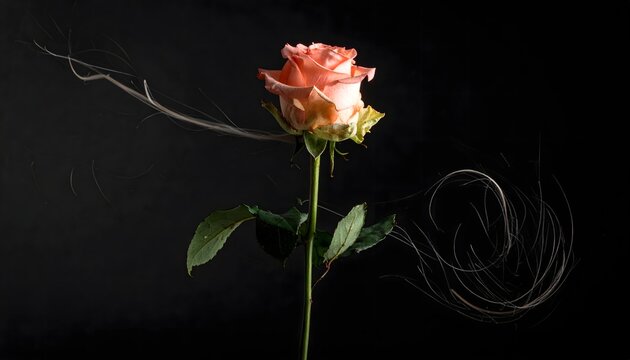 Rosa solitaria iluminada sobre fondo negro con efecto art&iacute;stico de humo