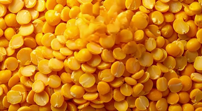 Yellow split peas falling onto a large mound of peas on a flat surface in slow motion concept of food production and harvesting