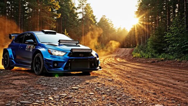 Modified blue rally car driving on dirt road through forest with sunlight and dust for automotive tuning concept