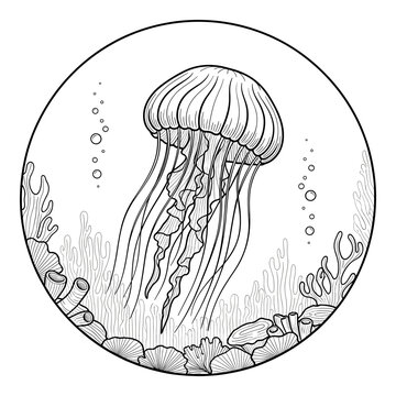 Circular woodcut illustration of a jellyfish swimming underwater. Isolated transparent background ( include cut-out PNG file )