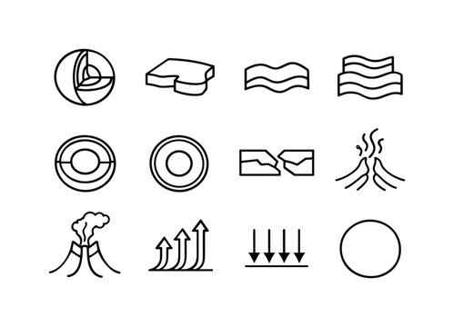 Earth Layers Icons. Earth Layers. Line icon set of Earth Layers: earth cross section, crust layer, upper mantle, lower mantle, outer core, inner core, tectonic