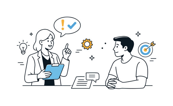 Constructive Feedback Illustration. Manager and employee feedback. Manager giving constructive feedback while employee listens attentively,